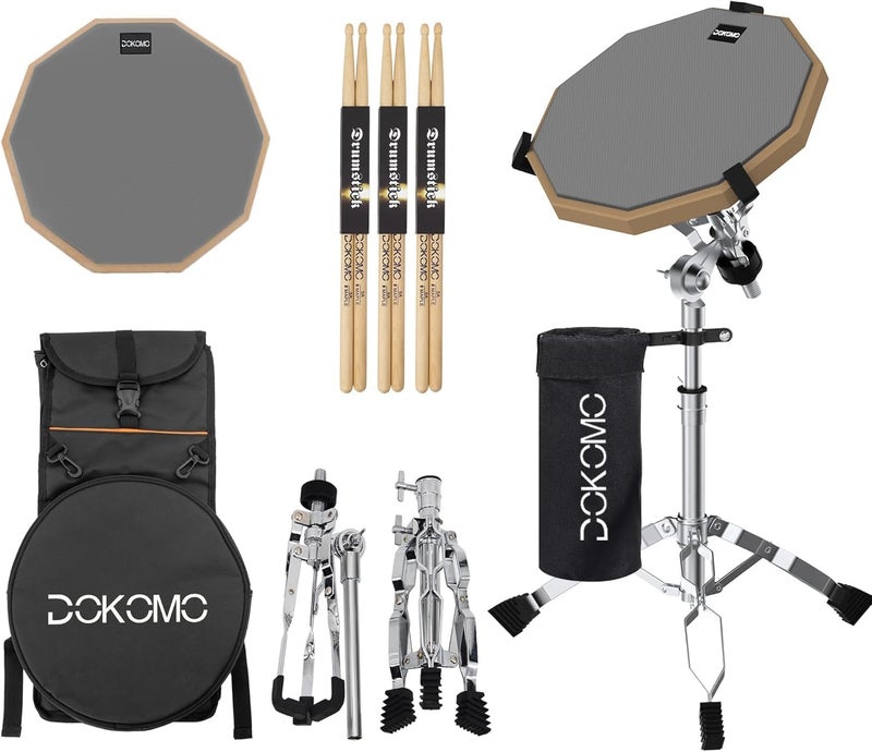 Dokomo Drum Practice Pad with Snare Drum Stand Set, 12-Inch Double Sided Silent Practice Pad Kit with Drum Sticks, Drumstick Holder, Luminous Carrying Bag, Gray (Fits 8''-15'' Drums) - Image 1